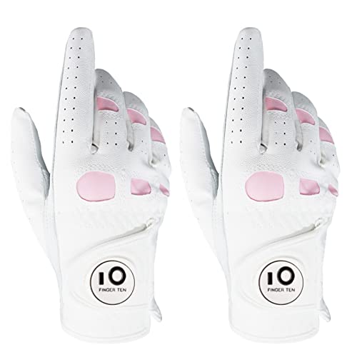 FINGER TEN Golf Gloves Ladies Left Hand Right Cabretta Leather with Ball Marker Value 2 Pack