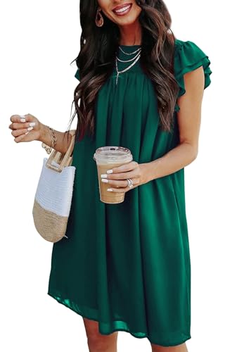 Image of KIRUNDO Wedding Guest Shift Dresses for Women Short Spring Summer Ruffle Cap Sleeve Chiffon Babydoll Flowy Mini Sundress(Dark Green, Small)