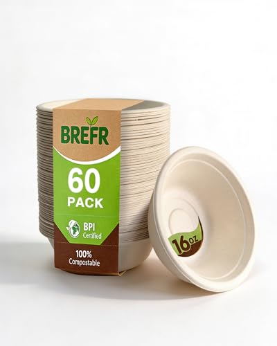 BREFR 60 Pack 16oz Compostable Bowls Heavy Duty Soup Bowls Biodegradable Sugarcane Bowls for Cereal Salad Noodles Lunch