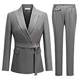 YYNUDA 2-teiliges Outfit Damen Anzug Set (mit Taillengürtel) Hosenanzug Slim Fit EIN-Knopf Business Outfit Mit Taschen Elegante Alltagseleganz für Vier Jahreszeiten Grau 2XL