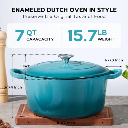 Onader 7QT Dutch Oven Pot with Lid, Cast Iron Large Pot for Bread Baking, Round Dutch Oven, Enameled Heavy Duty Cookware - Dark Cyan
