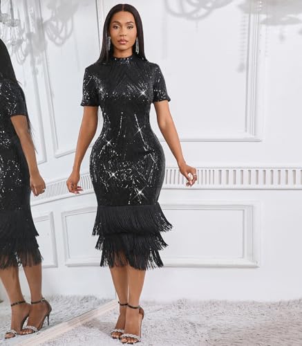 Image of Cololura Sexy Elegant Women Sequin Long Sleeve Tassel Bodycon Midi Dress Party Evening Gown Formal Dress