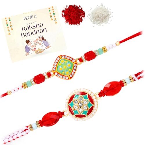 Image of Peora Rakhshabandhan Thread Rakhi for Brother Bhaiya | Kundan Beads & Crystal Studded | Combo Set of 2 | Rakhi Hamper Roli Chawal & Greeting Card