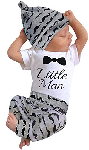 Image of Happy Town 3Pcs Baby Boy Clothes Newborn Infant Bodysuit Summer Cotton Short Sleeve Romper +Pants+Hat Outfits Set (White-01, 0-6 Months)