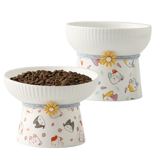 2 Pcs Elevated Ceramic Cat Bowl Raised Height Cats Feeder for Dry Wet Food & Water Anti Vomit Neck Protective Whisker Fatigue Relief Cat Food Bowls Non-Slip Pet Feeding Dish for Cats & Small Dogs