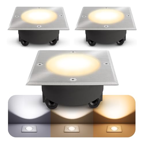 SSC-LUXon VIROK Lot de 3 spots LED encastrables au sol carrés pour extérieur IP65 avec LED GX53 3 W Blanc chaud 230 V – Avec câblage de passage