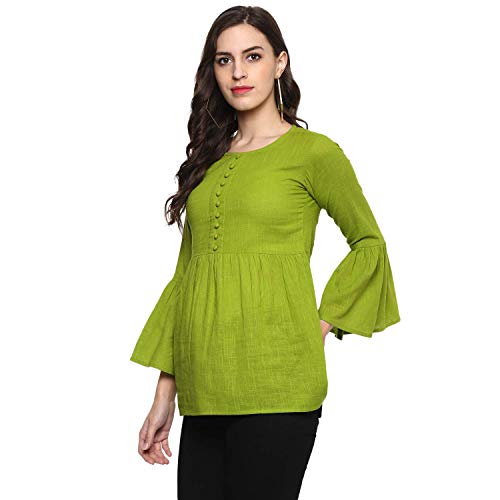 Image of Cotton Plain and Solid Bell Sleeve A-Line Short Round Neck Flared Tunic Top for Girls Women