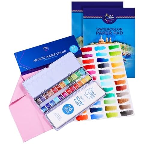 Art Whale Professional Watercolor Paint Set, 24 Half-Pans, Tin Box with Waterbrush + Pack of 2 Drawing Paper Pads, 24 Sheets Each, 140 lb, Textured Surface - Bundle - Artist Set for Students, Beginner Cover