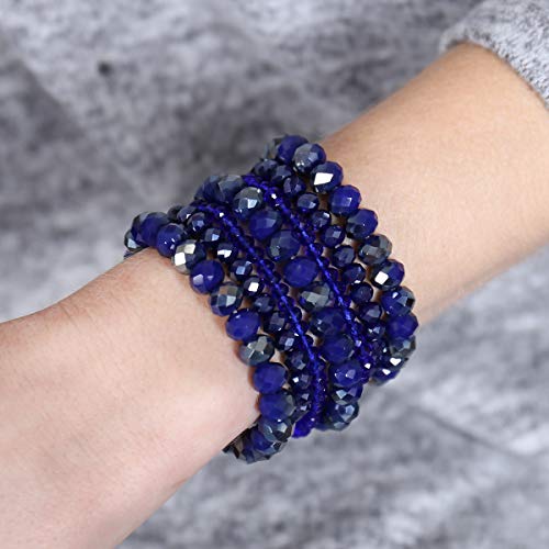 RIAH FASHION Bohemian Multi-Layer Beaded Stacking Statement Bracelets - Versatile Stretch Strand Sparkly Crystal Beads Wrap Slip-on Cuff Bangle Set2