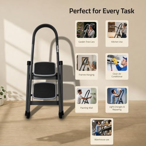 Image of Dropin Premium Steel 2 Step Foldable Ladder for Home Use with Built-in Tool Tray, Climb Easy Anti-Slip Wide Rubber Secure Lock 150Kg Capacity, Heavy Duty D Shape Rods - 20 x 30 cm Large Platform
