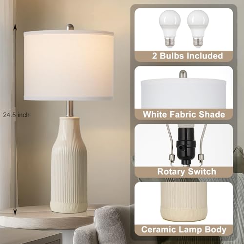 luxeflow 24.5" Ceramic Table Lamps Set of 2, Modern Farmhouse Bedside Lamps for Bedroom Nightstand, Small Table Lamp for Living Room End Table, Beige (2 LED Bulbs Included) - image 3