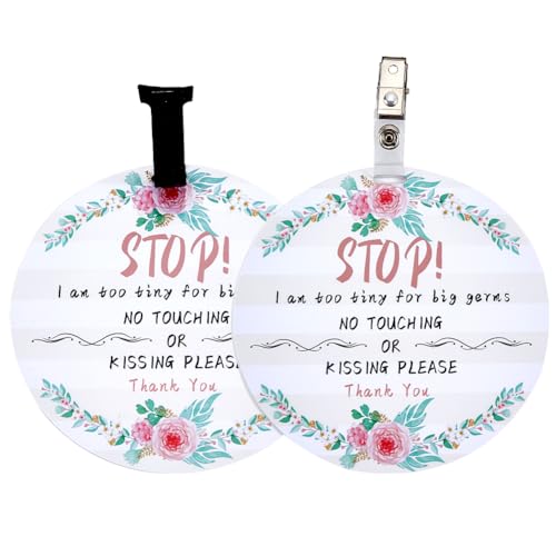 Image of PLIGREAT 2 Pack No Touching Car Seat Sign, Flowers Pattern No Kissing Stroller Tag with Hanging Straps and Clip, No Touching Baby Sign for Newborn Girl Boy