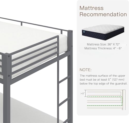 Image of Metal Bunk Bed for Adults and Kids, Sturdy Steel Frame with Guard Rails (3 X 6 Ft) | Grey Finish | Space Saving Design | DIY Assembly for Home and Bedroom