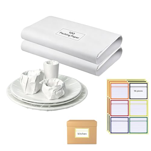 Harnyles Packpapier Umzug Set: 100 Blatt Verpackungspapier 39 x 54 cm zum Schutz zerbrechlicher Gegenstände und 96 farbige Umzugsetiketten 9 x 10 cm für Umzugskartons – Essentials für den Umzug