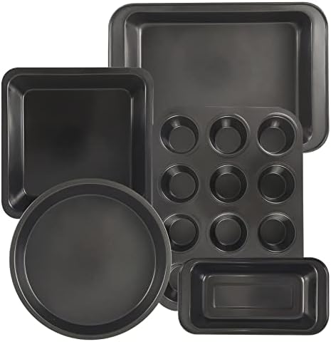 Baking Pans Sets Nonstick,5pcs Bakeware Sets with 12 Cup Cupcake Muffin pan,Round/Square Cake Pan, Muffin Pan, Loaf Pan, Roast Pan, Baking Sheets for Oven,Cookie Sheets for Baking,Toaster Oven Pans