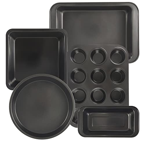 Baking Pans Sets Nonstick,5Pcs Bakeware Sets With 12 Cup Cupcake Muffin Pan,Round/Square Cake Pan, Muffin Pan, Loaf Pan, Roast Pan, Baking Sheets For Oven,Cookie Sheets For Baking,Toaster Oven Pans #TOP28