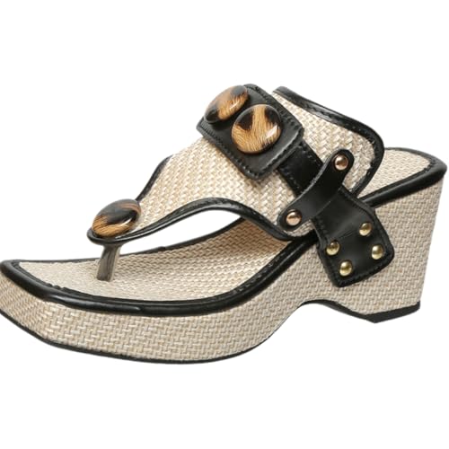 large-sized Women's summer flip-flops with wedge heels and fashionable thick heels paired with metal buttons, outdoor daily slippers for the beach