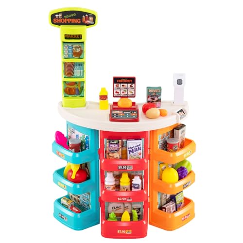 # Gioco di ruolo divertente # Questo supermercato giocattolo incoraggia i bambini a partecipare a giochi di ruolo divertente. I bambini possono collaborare, con uno che interpreta il commesso del supermercato, responsabile dell’esposizione dei prodotti e della cassa, e un altro che fa la spesa, spingendo il carrello o tenendo il cestino per scegliere gli articoli preferiti.