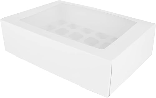 O'CREME Caja rectangular para cupcakes de 14 x 10 x 4 pulgadas de alto, color blanco con ventana transparente e inserto para 24 mini cupcakes,