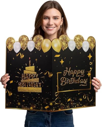 Happy Birthday Jumbo Guest Book, 22x16 Inch Black & Gold Giant Greeting Card, Birthday Decorations & Party Supplies for Women & Men