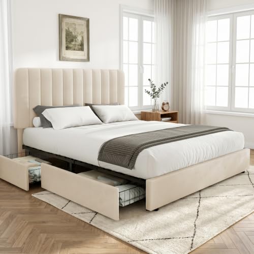 Image of VECELO Full Size Upholstered Bed Frame with 4 Drawers and Headboard, Velvet Platform Storage Bedframe, Wooden Slats Support, No Box Spring Needed,Beige