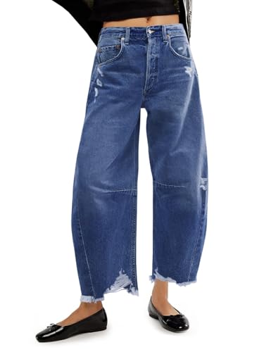 Cicy Bell Womens Baggy Barrel Jeans Cropped Boyfriend Wide Leg Raw Hem Denim Pants Blue,8