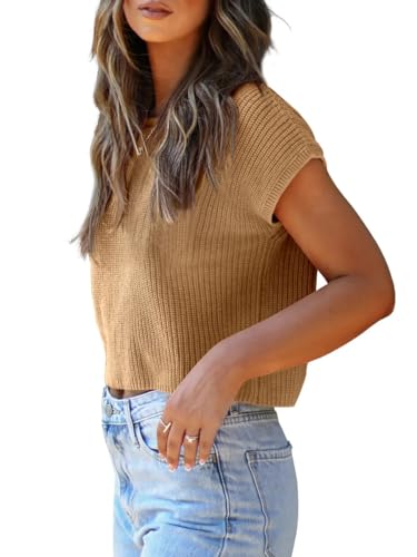 Image of LCXWFE Womens Summer Cropped Sweater Vest Trendy Cap Sleeve Crop Tops Crew Neck Loose Knit Tank Top