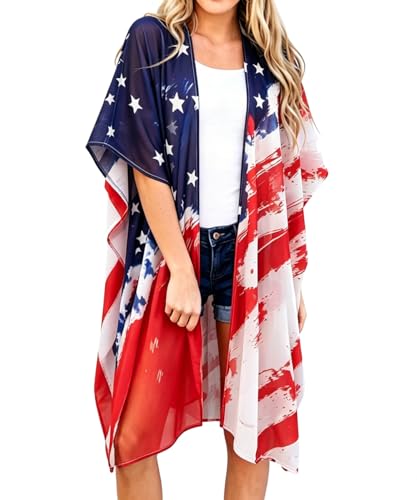 Image of Women's American Flag Kimono Cardigan 4th of July Cover Up Lightweight Patriotic Kimono Cover Up