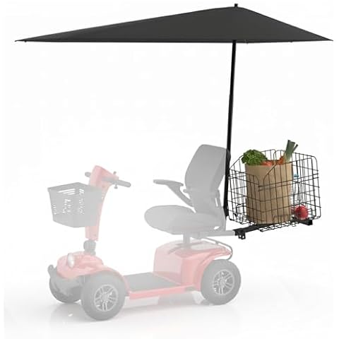 BERPET Mobility Scooter Rear Basket and Umbrella Canopy Sunshade Set – Adjustable Height Foldable Umbrella, Heavy-Duty Foldable Basket, Fits 1" Hitch Receiver for Pride, Drive, Power Chairs and More Cover