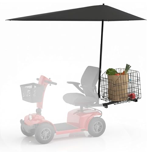 BERPET Mobility Scooter Rear Basket and Umbrella Canopy Sunshade Set
