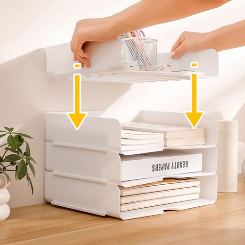 ASelected A4 Ablagefächer Stapelbar, Ordnungssystem Büro, 4-stöckige Ablagekorb, Dokumentenablage, 31,5 x 24,5 x 7 cm, für Papier, Zeitschriften, Quittungen, Bürobedarf (weiß）