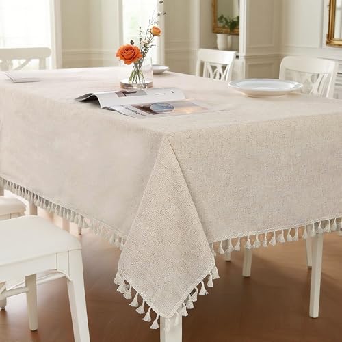 SUCHDECO Nappe Rectangulaire Anti Tache en Cotton Lin Beige, Nappe de Table Linge de Table Lavable avec Franges, Nappes pour Table à Manger Cuisine, 140 x 240 cm