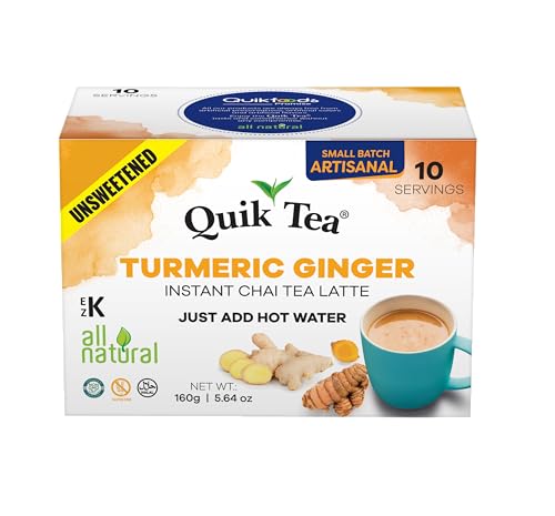 QuikTeaTurmeric Ginger Unsweetened Chai Tea Latte– 10 Count, Bold Turmeric Ginger Flavor, Naturally Caffeine-Light, no preservatives, No Sugar Added – Just Add Hot Water
