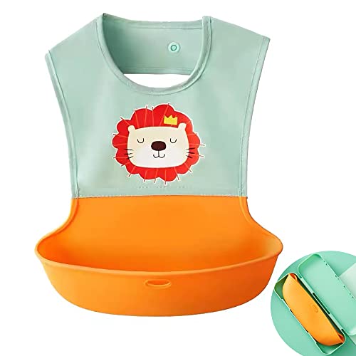 NIAWECAN Bavoir Bebe en Silicone Imperméable, Bavoir de Sevrage avec Boite de Rangement, Léger, Souple, Bavoir Bebe avec 2 Bouton Réglable, Faciles à Nettoyer, pour Garçon Fille