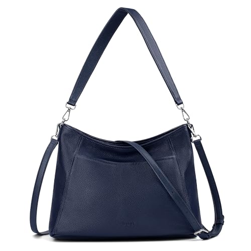 befen Sac besace en cuir véritable pour femme, sac à bandoulière en cuir souple, grand sac à main avec 2 sangles, bleu marine