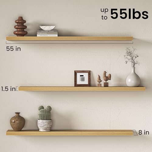Image of Fun Memories 55Inch Long Floating Shelves, 8 Inch Deep Shelves for Bedroom|Living Room, Wall Mounted Wood Hanging Shelf with Invisible Brackets for Fireplace Mantel Home Storage Decor, Oak - 2 Pack