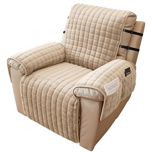 Alishomtll Funda para sillón relax, 1 plaza, con reposabrazos, antideslizante, resistente a los arañazos, con 4 bolsillos y 2 correas ajustables, color beige