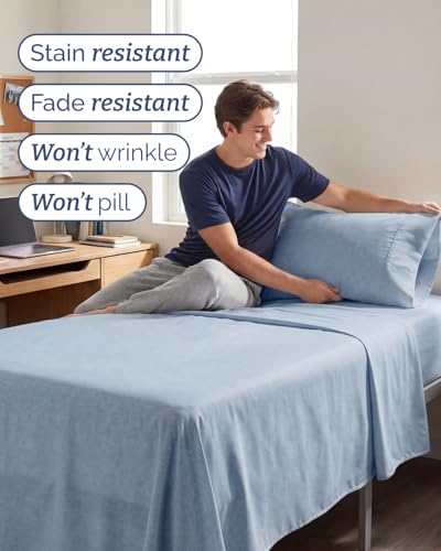 Image of Twin XL 4 Piece Sheet Set - College Dorm Room Essentials - Heathered Blue | Ultra Soft Dorm Bedding Set, 8 inch to 16 inch Inch Deep Pockets, 1 Flat & 1 Fitted Sheet & 2 Pillowcases, Wrinkle & Fade Free