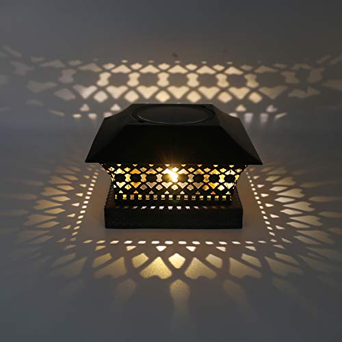 Siedinlar Solar Post Lights Outdoor Fence Deck Cap Light Solar Powered Metal Warm White LED Lighting Waterproof for Garden Patio Decoration 4x4 5x5 Wooden Posts Black (2 Pack)