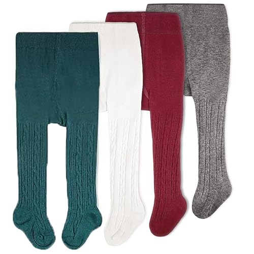 Image of CozyWay Girls Tights Cotton Cable Knit Footed Pantyhose Baby Toddler Leggings - Pack of 4