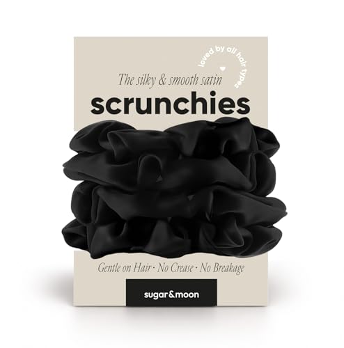 The Scrunchies – Pack de 4 coleteros de satén, suaves que la seda, antiencrespamiento y rotura, agarre suave para peinados, coleteros para dormir y noche, color negro sugar&moon