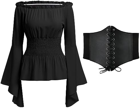 Renaissance Oberteil Damen - Mittelalter Bluse Mit Korsettgürtel & Langen Ärmeln