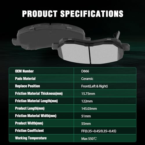 Image of AUTOMUTO Front Brake Pads Kits, 4PCS Ceramic Brake Pads Set D866 For Chrysler, For Dodge, For Jeep, For Mitsubishi