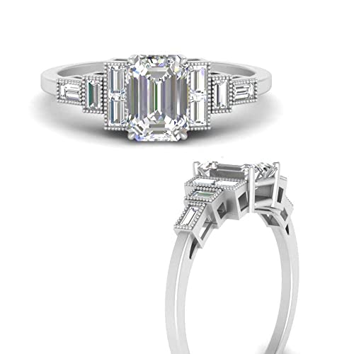 Image of Choose Your Gemstone Baguette Milgrain Graduated Diamond CZ Ring Sterling Silver Emerald Shape Side Stone Engagement Rings Lightweight Office Wear Everyday Gift Jewelry US Size 4 to 12