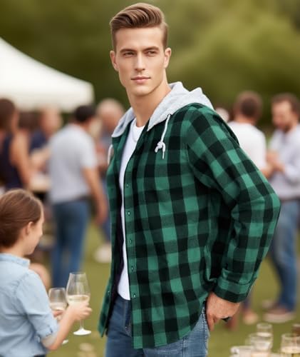 Mens Flannel Hooded Shirt Long Sleeve Fashion Plaid Hoodie Button Down Shirts with Pocket2