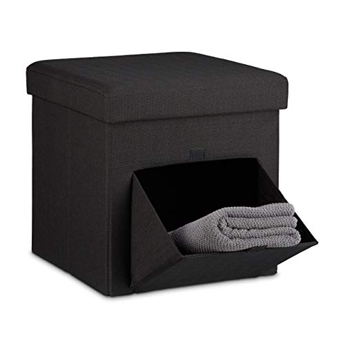 Preisvergleich Produktbild Relaxdays Faltbarer Sitzhocker, Leinen, Sitzwürfel, Aufbewahrungsbox mit Klappe, abnehmbarer Deckel, Sitzcube, stabil, Fußablage, HxBxT 38 x 38 x 38 cm, schwarz