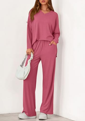 PRETTYGARDEN 2 Piece Lounge Sets for Women Fall Outfits 2025 Casual Loose Long Sleeve Tops Wide Leg Pants Matching Pajama Set