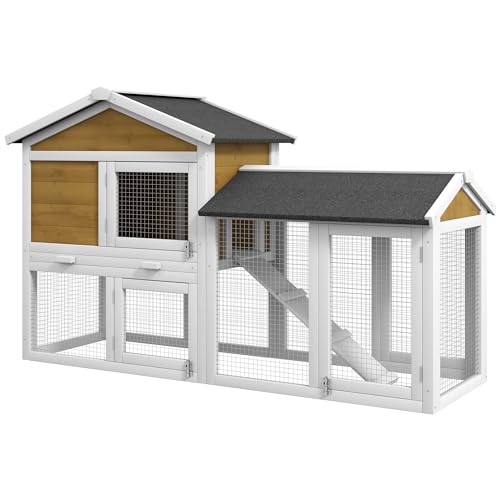 PawHut 58' Rabbit Hutch, Wooden Bunny Hutch, Guinea Pig Cage, Small Animal Enclosure with Run Area,...