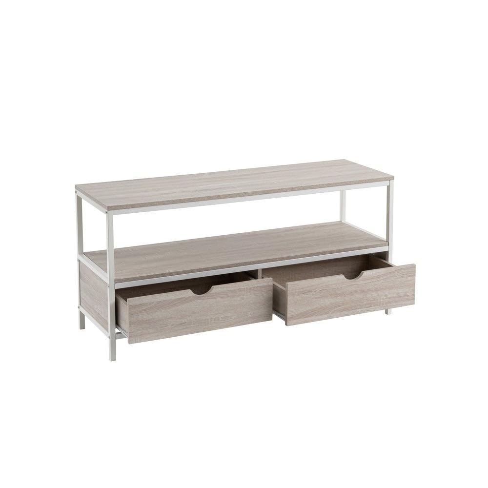 LOLAhome Mueble de TV de Acero y Tablero Blanco y Natural de 120x39x57 cm | Diseño industrial con 2 cajones para un salón organizado. Superficie amplia y almacenaje discreto para tus dispositivos.