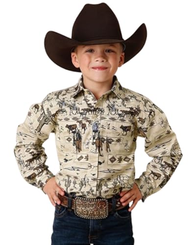 Roper Boys' Vintage Printed Long Sleeve Snap Western Shirt Brown Medium US